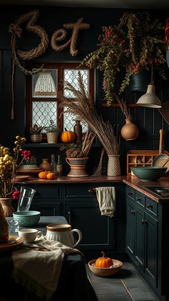 29+ Essential Items for a Cozy Dark Cottagecore Kitchen 11 A dark cottagecore kitchen featuring dried flowers, pumpkins, and rustic decor.