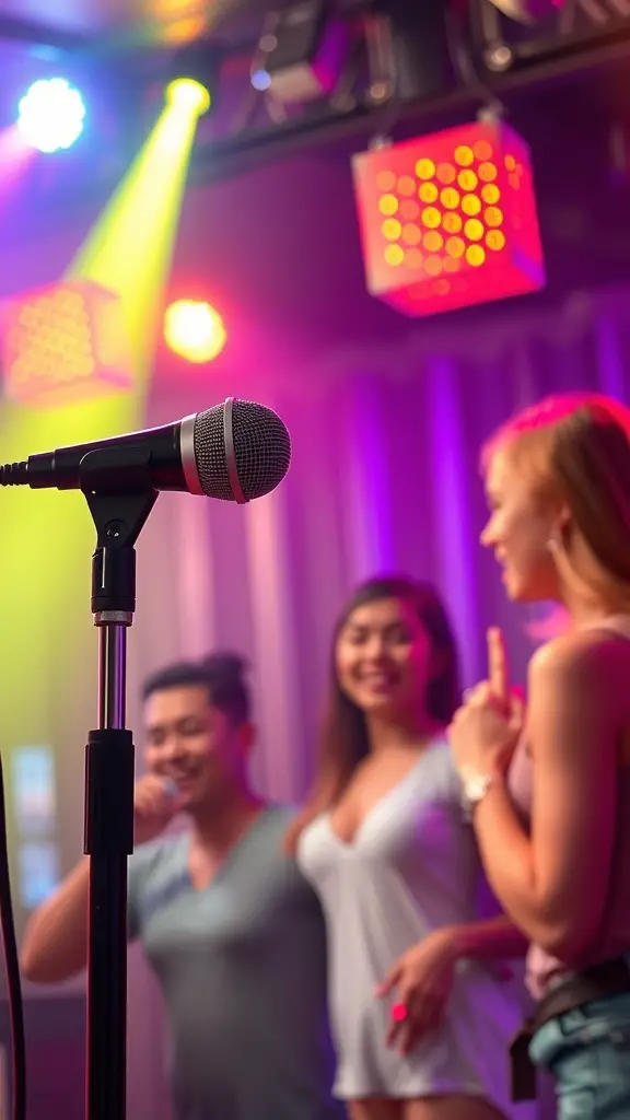 A microphone in front of people enjoying a karaoke dance party with colorful lights.