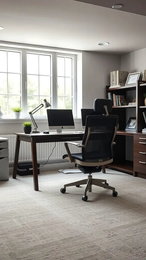 27+ Creative Open Basement Ideas You’ll Love 11 A well-organized home office space in a basement with a desk, chair, and natural light.