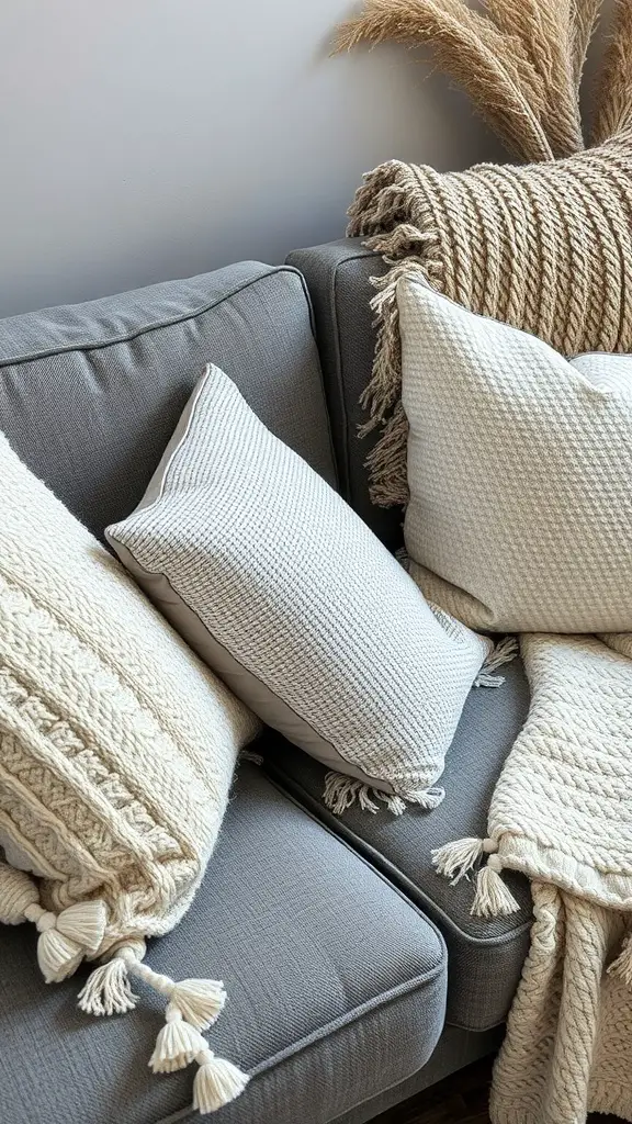A grey couch with textured pillows and throws, creating a cozy living room atmosphere.