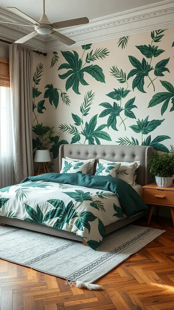 35+ Stunning Dark Green Bedroom Ideas for a Cozy Retreat 13 A cozy bedroom featuring green botanical prints on the walls and bedding, with natural light and wooden flooring.