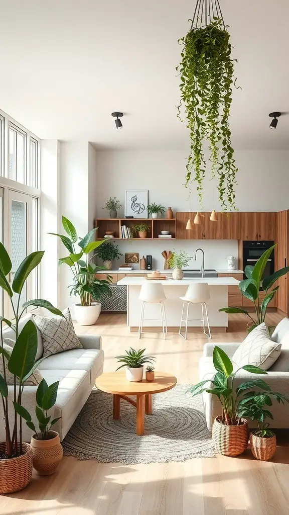 27+ Stunning Open Plan Kitchen Living Room Ideas to Transform Your Space 9 A bright open plan kitchen living room with various indoor plants, including a hanging plant and potted plants on the floor and tables.