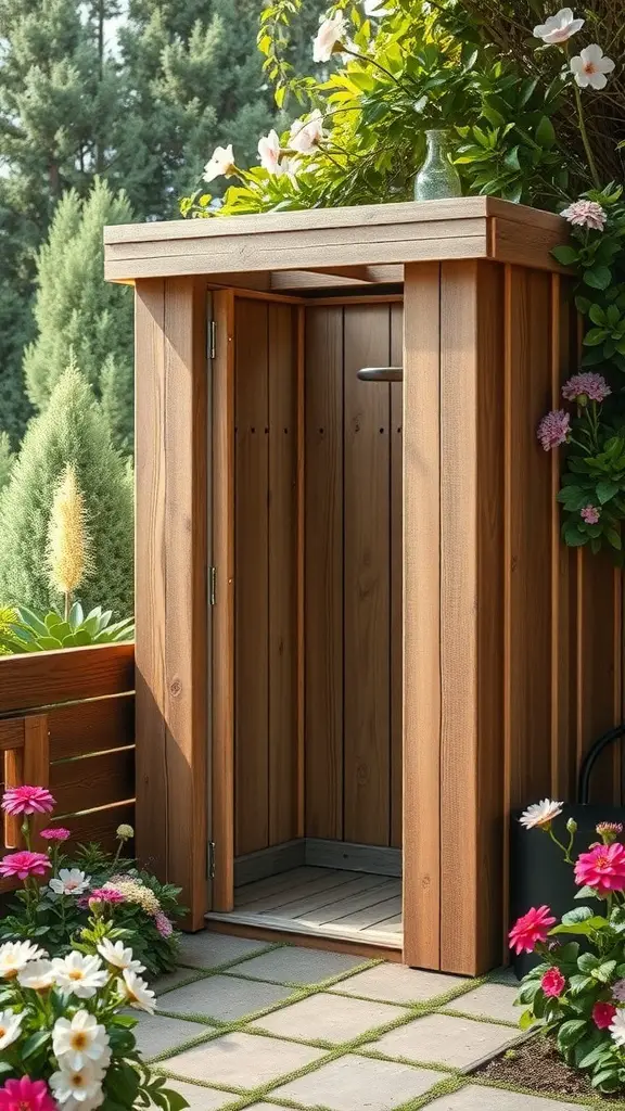 A rustic wooden shower enclosure surrounded by flowers and greenery