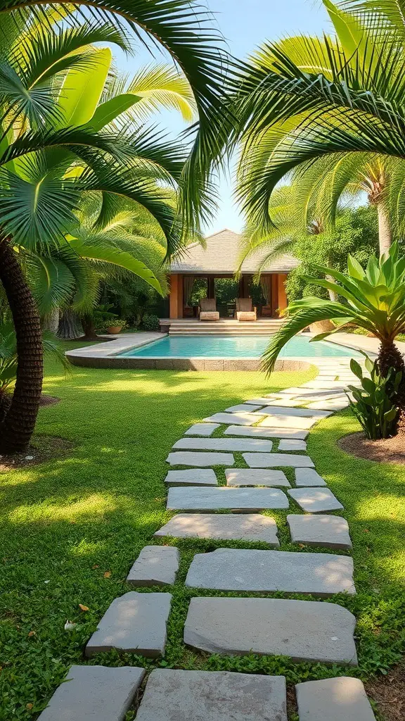Natural stone pathway leading to a tropical pool surrounded by lush greenery