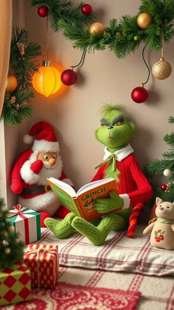 19+ Adorable Grinch Baby Shower Ideas You’ll Love 13 A festive Grinch-themed storytime corner with plush seating, decorations, and a Grinch plush reading a book.