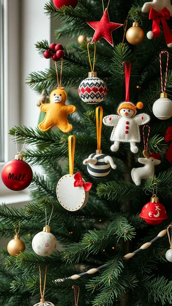 A Christmas tree decorated with colorful felt and fabric ornaments including a teddy bear, snowman, and various baubles.