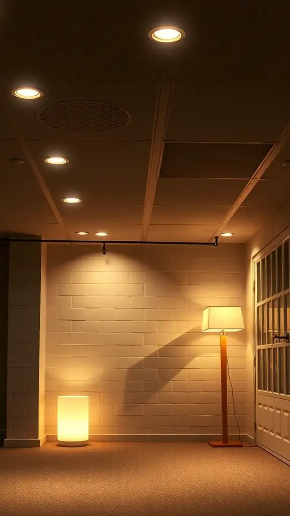 A low ceiling basement with recessed lighting and a floor lamp creating a cozy atmosphere.