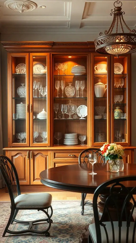 A wooden dining room storage wall with glass doors showcasing elegant dishware and glassware.