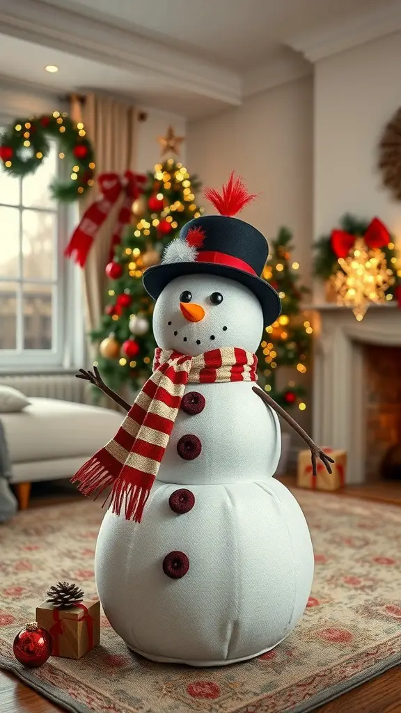 A whimsical snowman decoration with a black hat and red scarf, standing in a cozy living room decorated for Christmas.
