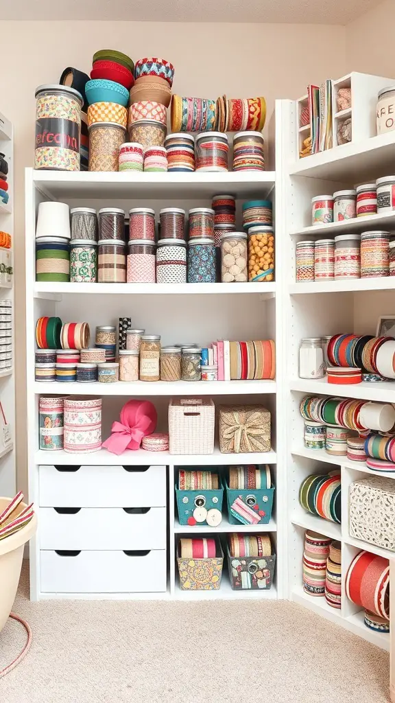 A well-organized ribbon storage area with jars and baskets filled with colorful ribbons.