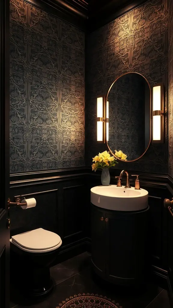 27+ Dark and Moody Powder Room Decor Ideas for a Chic Makeover 7 A dark moody powder room with black wallpaper, a white sink, and yellow flowers.