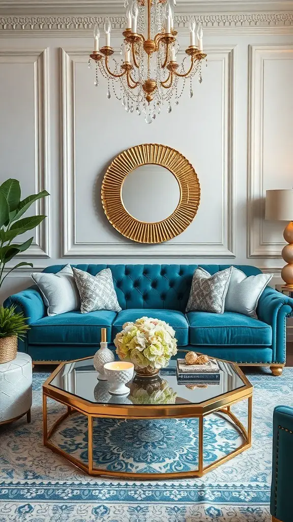 A stylish living room featuring a teal couch, gold accents, and elegant decor.