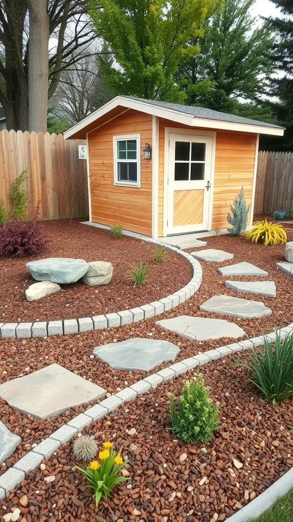 21+ Stunning Shed Landscaping Ideas to Transform Your Garden 15 A landscaped area around a wooden shed featuring decorative mulch, stones, and plants.