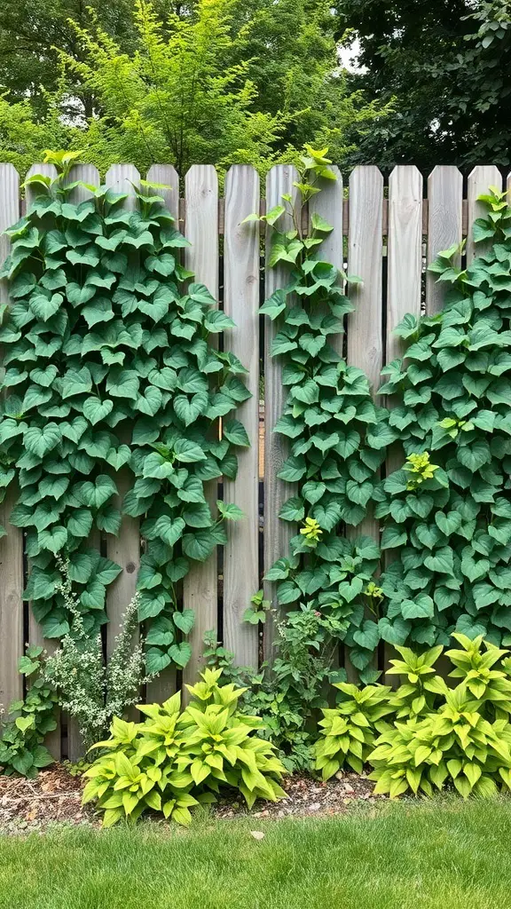 A wooden fence covered with climbing green plants and low-growing shrubs.
