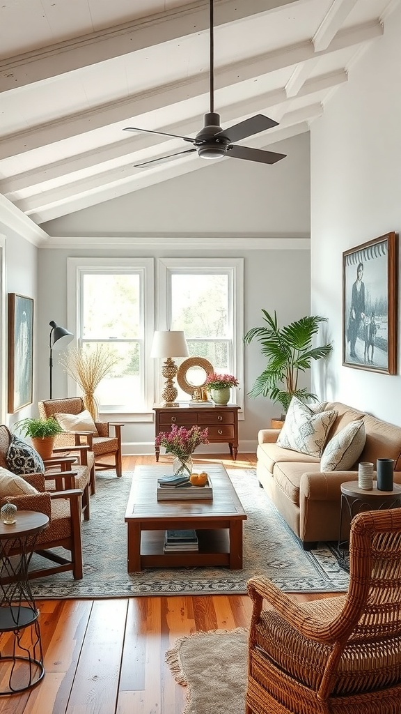 27+ Vintage Farmhouse Living Room Ideas for Cozy Charm 15 A vintage farmhouse living room with modern touches, featuring wooden floors, vintage furniture, and a modern ceiling fan.