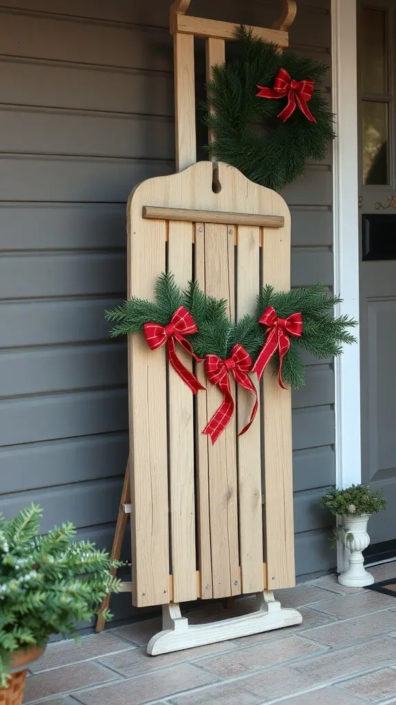 23+ Festive Front Porch Christmas Decor Ideas You’ll Love 16 A vintage sled decorated with greenery and red bows on a front porch.