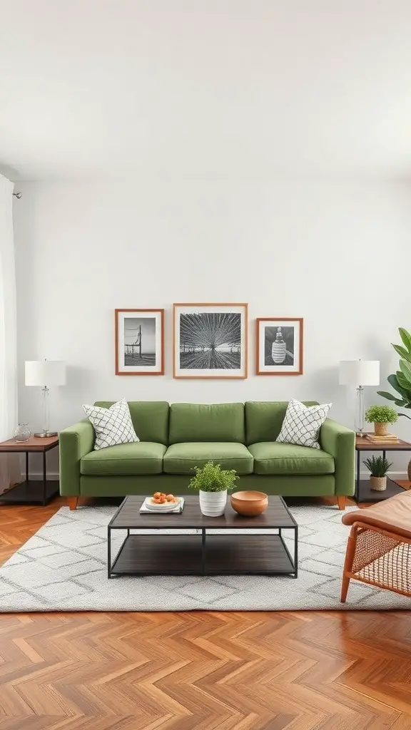 27+ Stunning Green Couch Living Room Ideas You’ll Love 16 A stylish living room featuring a green couch, coffee table, and decorative elements.