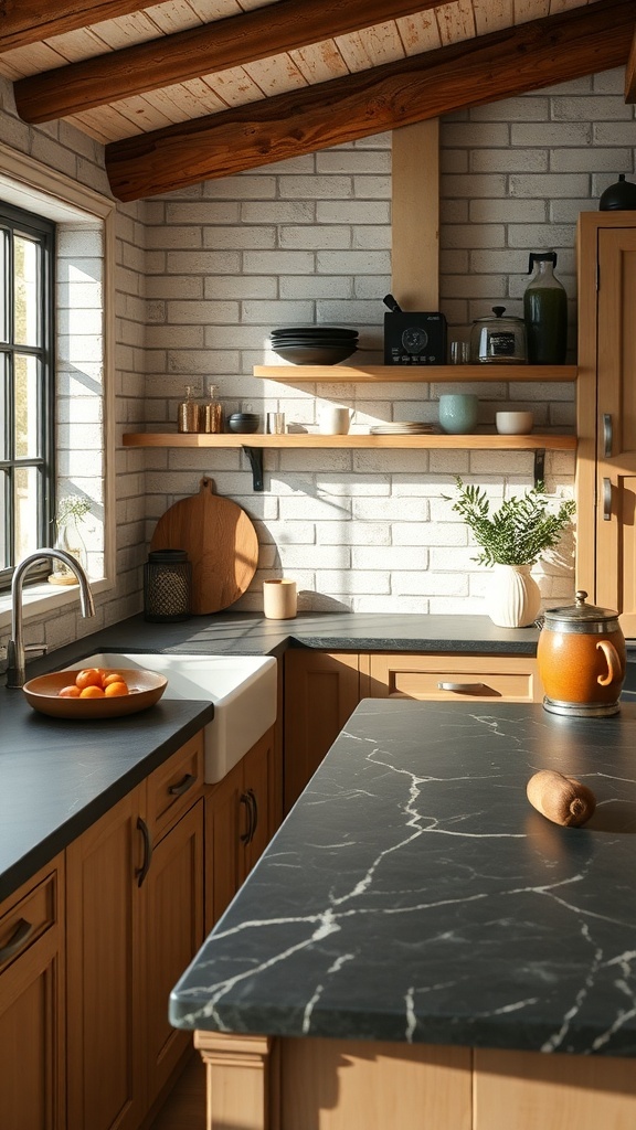 29+ Essential Items for a Cozy Dark Cottagecore Kitchen 14 A cozy kitchen featuring dark stone countertops with wooden cabinets and a bright window.
