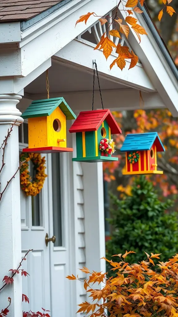Colorful decorative birdhouses hanging on a porch with autumn leaves