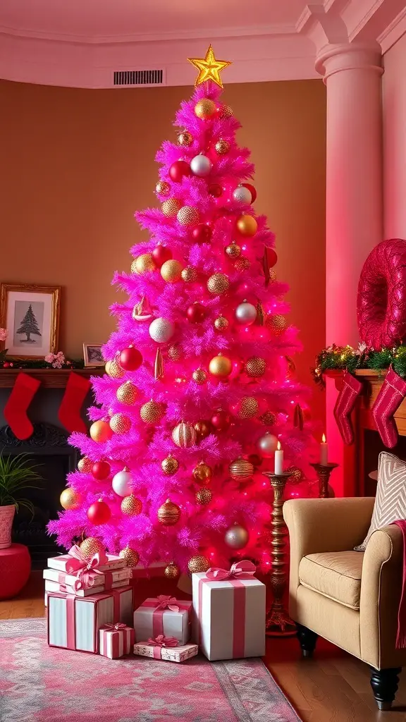 31+ Pink Christmas Tree Ideas to Brighten Your Holiday Décor 17 A bold fuchsia pink Christmas tree decorated with gold and silver ornaments, surrounded by wrapped gifts and a cozy armchair.