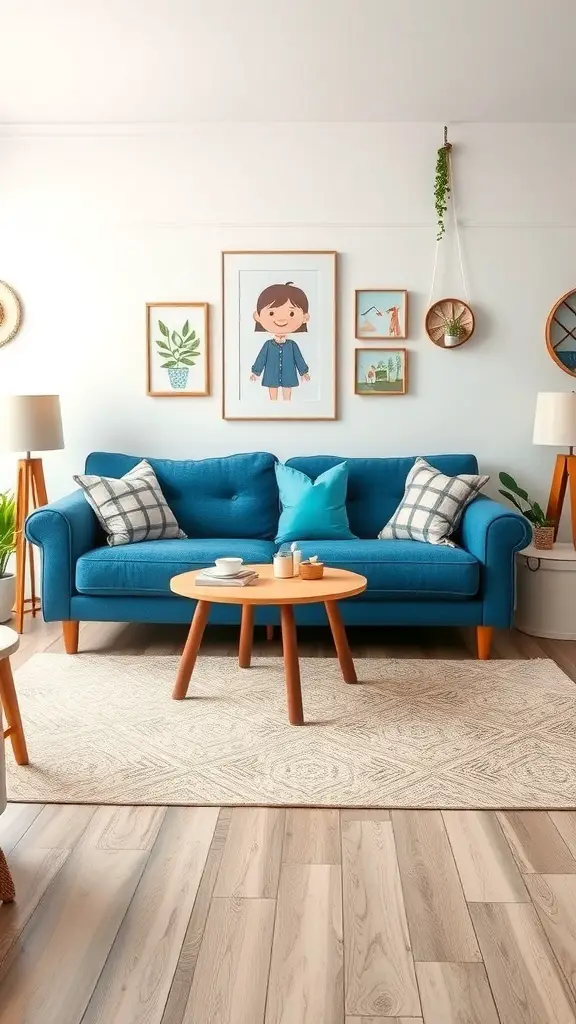 29+ Stunning Blue Couch Living Room Ideas You’ll Love 11 A cozy living room with a blue couch, patterned cushions, and playful wall art.