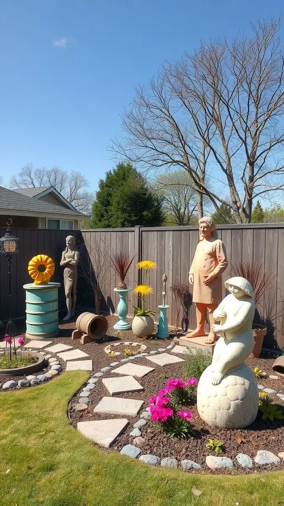 Colorful outdoor art installations in a grassless backyard with statues and flowers.