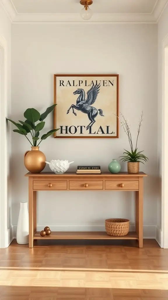 A stylish entryway featuring a wooden console table, plants, and Ralph Lauren artwork.