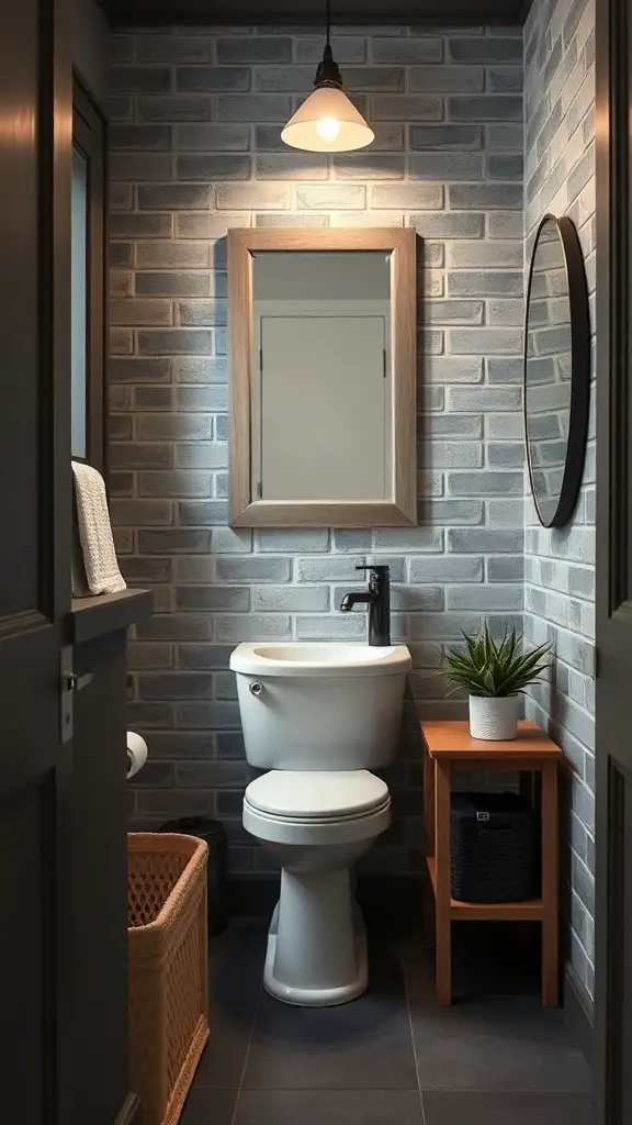 27+ Dark and Moody Powder Room Decor Ideas for a Chic Makeover 4 A dark moody powder room with textured brick-like walls, a white toilet, a wooden mirror, and a small plant.