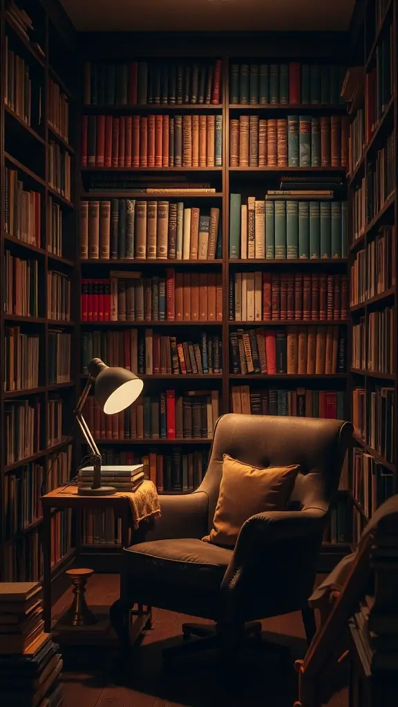 35+ Essential Dark Academia Decor Ideas for a Cozy Aesthetic 14 A cozy personal library with bookshelves filled with books, a comfortable chair, and warm lighting.