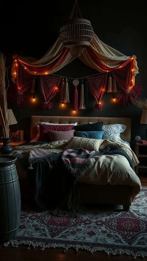 A dark boho bedroom with layered bedding, decorative pillows, and ambient lighting.