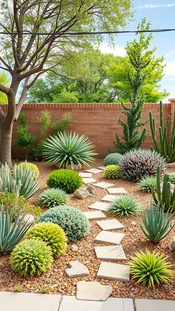 A xeriscaped backyard featuring various drought-resistant plants and a stone pathway.