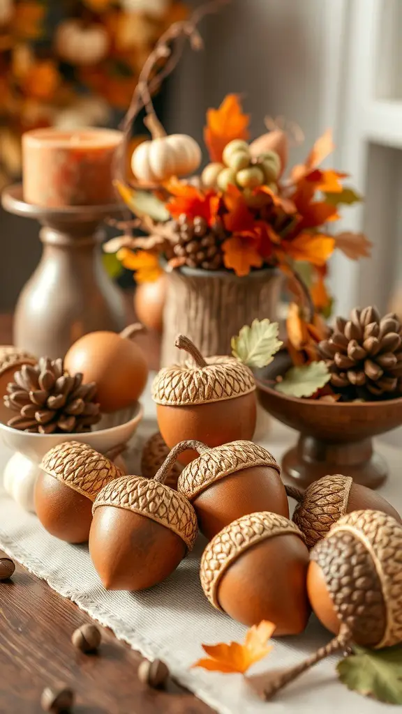 A collection of decorative acorns surrounded by autumn leaves, pinecones, and small pumpkins, creating a cozy fall atmosphere.