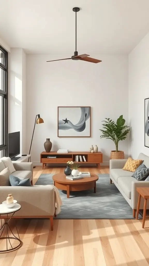 A mid-century modern living room with light-colored sofas, a round coffee table, and large windows.