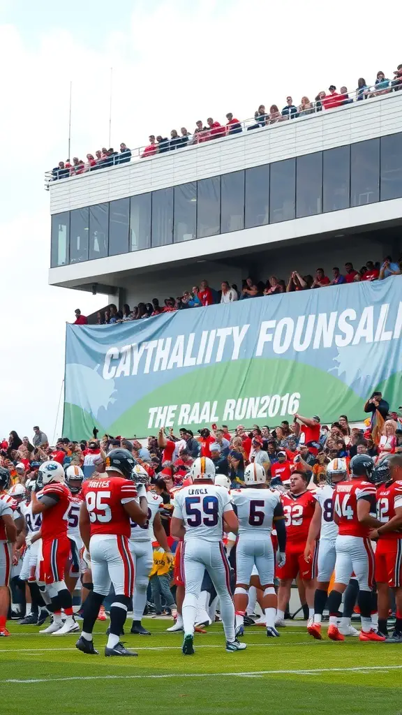 Players on a football field with a cheering crowd in the background during a charity game.