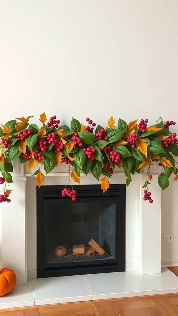 27+ Spook-tacular Halloween Mantel Decor Ideas with 15 Must-Have Items 3 A beautifully decorated mantel with an autumn garland featuring red berries and colorful leaves.
