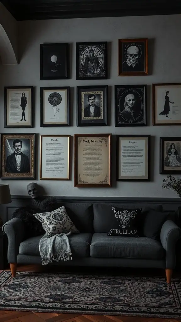 25+ Dark Academia Living Room Essentials You Need for a Cozy Aesthetic 9 A dark academia living room featuring a wall with artistic displays, including framed portraits and text, alongside a cozy sofa.