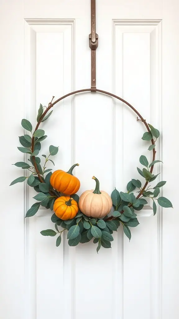 A minimalist pumpkin wreath with a metal ring, featuring three pumpkins and green leaves, hanging on a white door.
