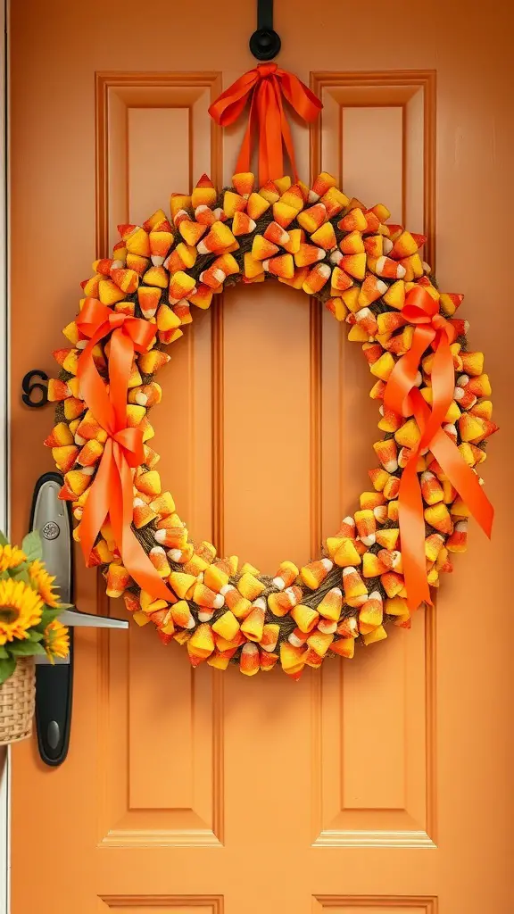 A colorful Halloween wreath made of candy corn, adorned with orange ribbons, hanging on an orange door.