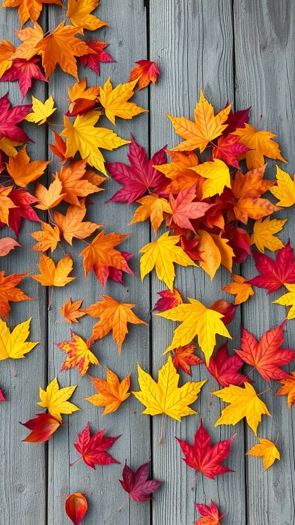 21+ Cozy Fall Mood Board Ideas for the Ultimate Autumn Vibe 12 Colorful autumn leaves scattered on a wooden surface