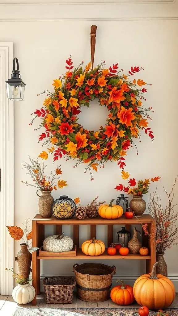 27+ Fall Entry Table Decor Ideas with 19 A colorful fall wreath with orange and yellow leaves hanging above a wooden table decorated with pumpkins and vases.