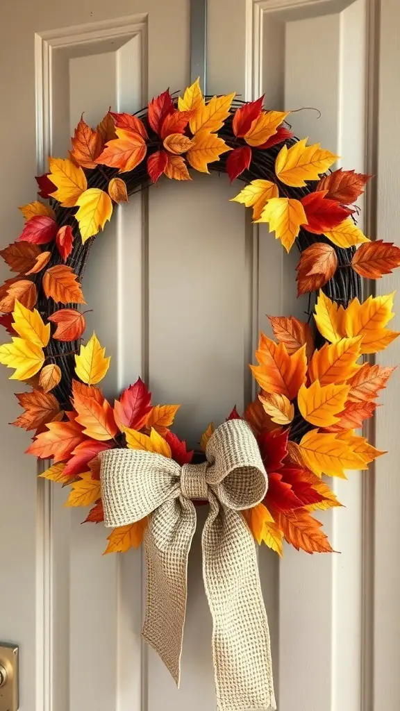 A vibrant autumn wreath made of colorful leaves and a burlap bow.