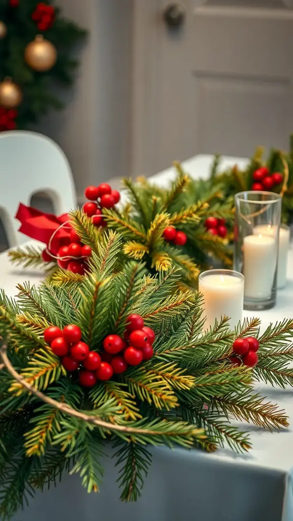 23+ Stunning Fall Garland Ideas for a Cozy Home Decor 20 A beautiful fall garland made of pine branches and red berries, with candles in glass holders.