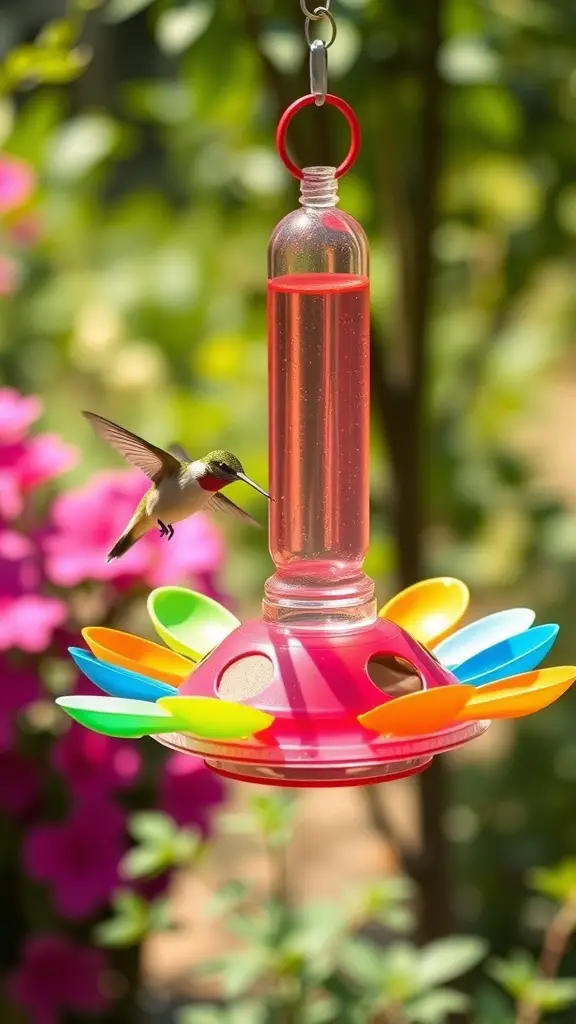 A colorful DIY hummingbird feeder made from a plastic bottle and spoons, with a hummingbird hovering nearby.