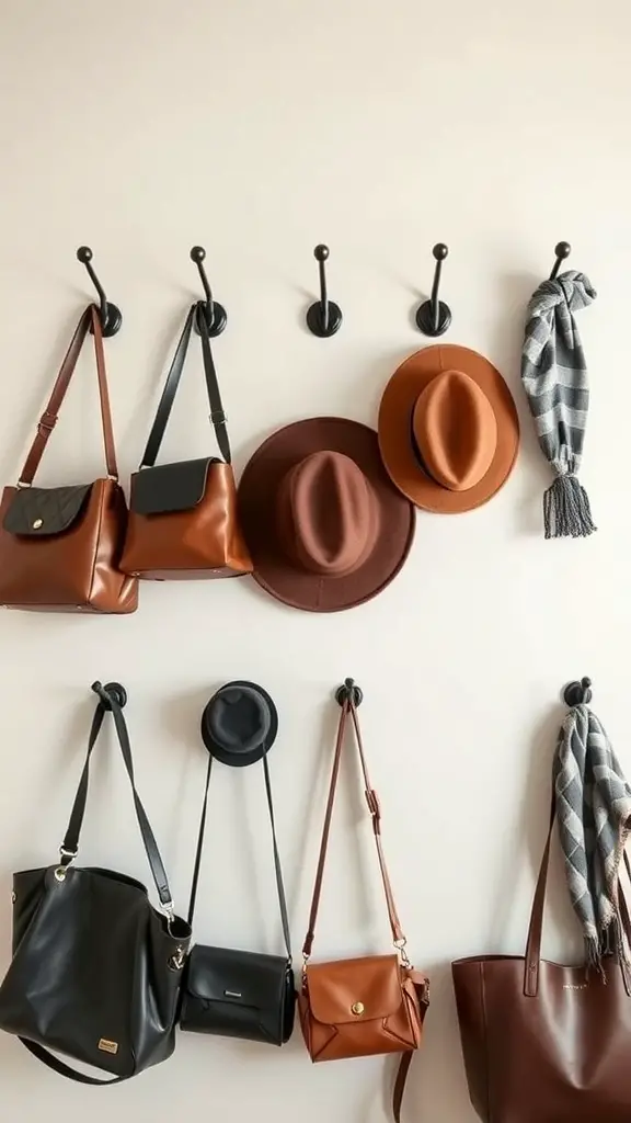 29+ Small Room Organization Ideas You Need to Try 9 Wall-mounted hooks displaying bags, hats, and scarves