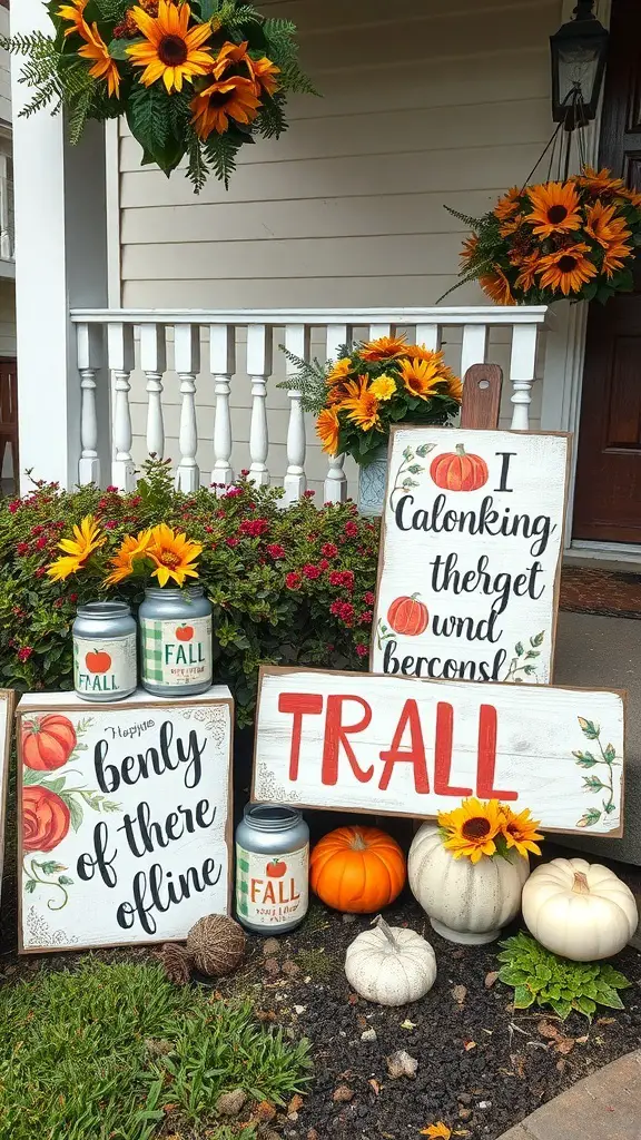 29+ Creative Fall Outdoor Decor Ideas to Transform Your Space 21 A collection of rustic signs and fall decorations featuring sunflowers, pumpkins, and playful phrases.