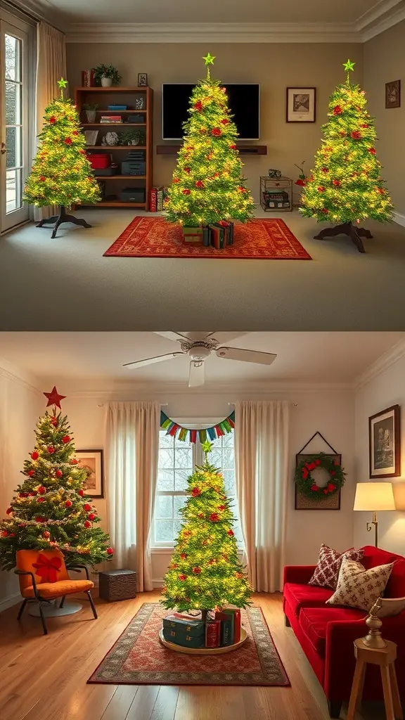 A cozy living room with multiple Grinch-themed Christmas trees, showcasing festive decorations and warm lighting.