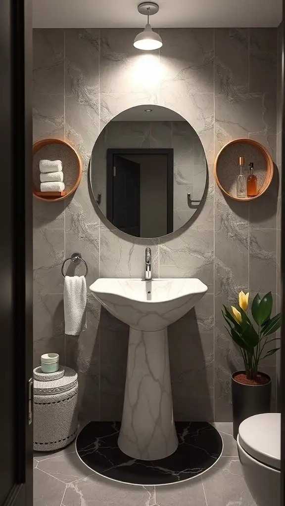 27+ Stunning Statement Powder Room Ideas to Transform Your Space 11 A modern powder room featuring a unique flower-shaped sink, gray tiled walls, and stylish accessories.