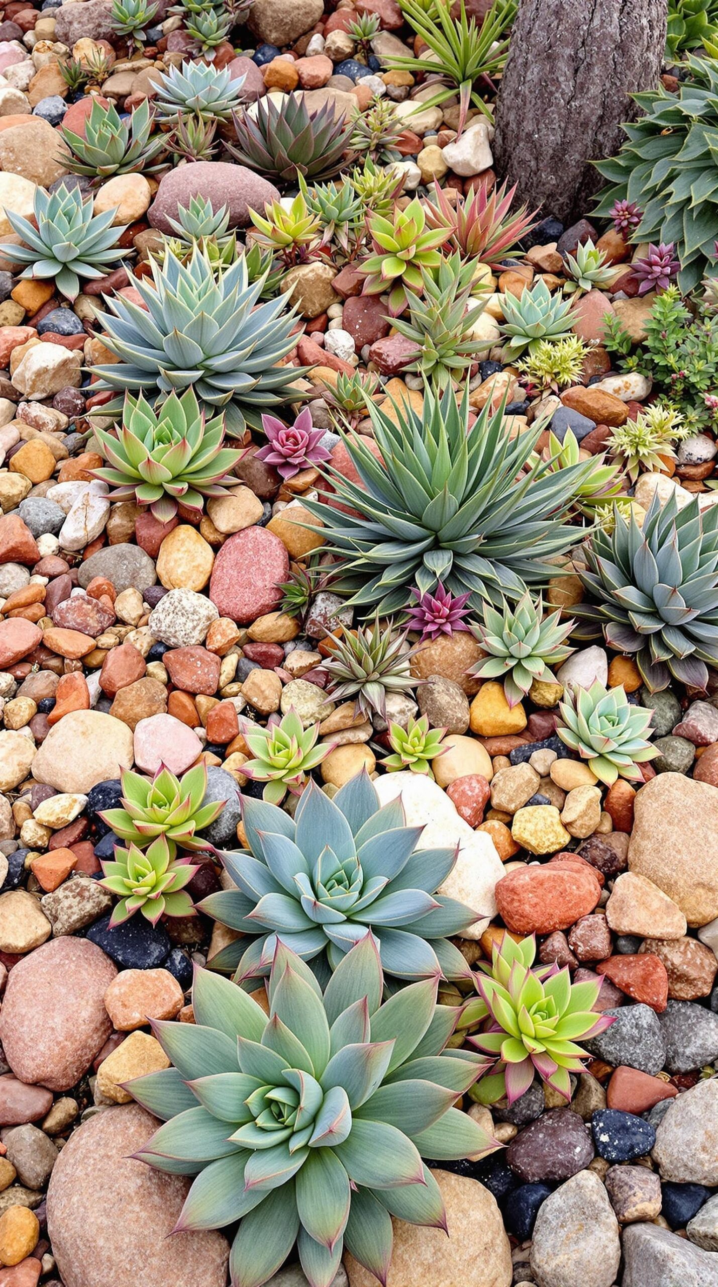 25+ Inspiring Rock Bed Landscaping Ideas for Your Garden 8 A rock bed featuring various succulents arranged among stones.