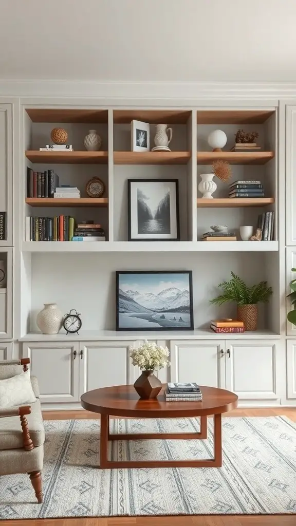 A stylish living room featuring custom built-ins with shelves and a round coffee table.