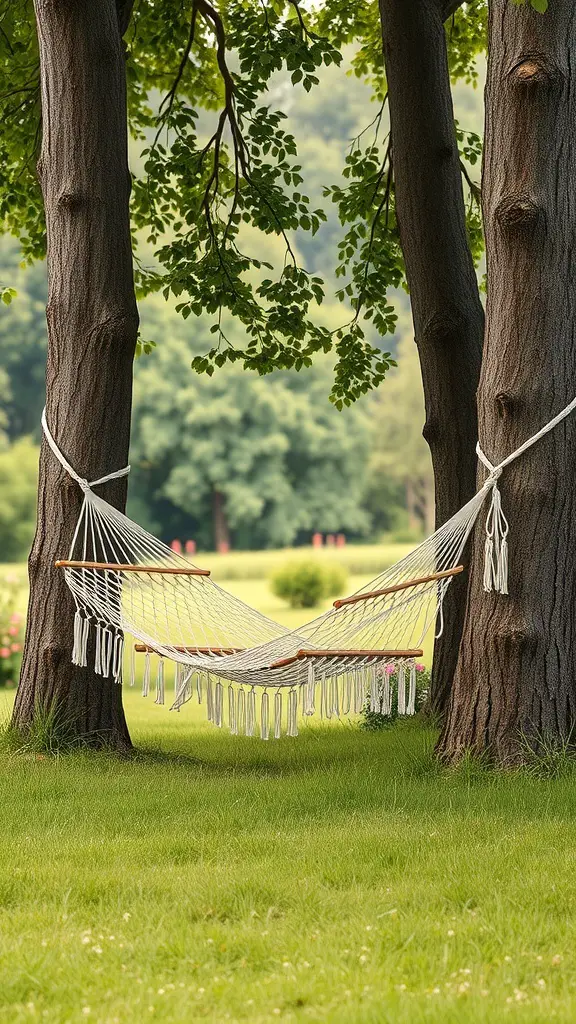 A hammock hanging between two trees in a grassy area.